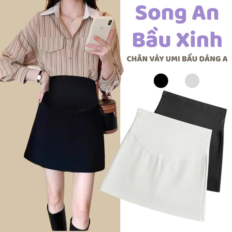 Song An chân váy bầu chữ A dáng ngắn chất liệu co giãn thoải mãi cho mẹ bầu kèm quần bảo hộ có bigsize Kem