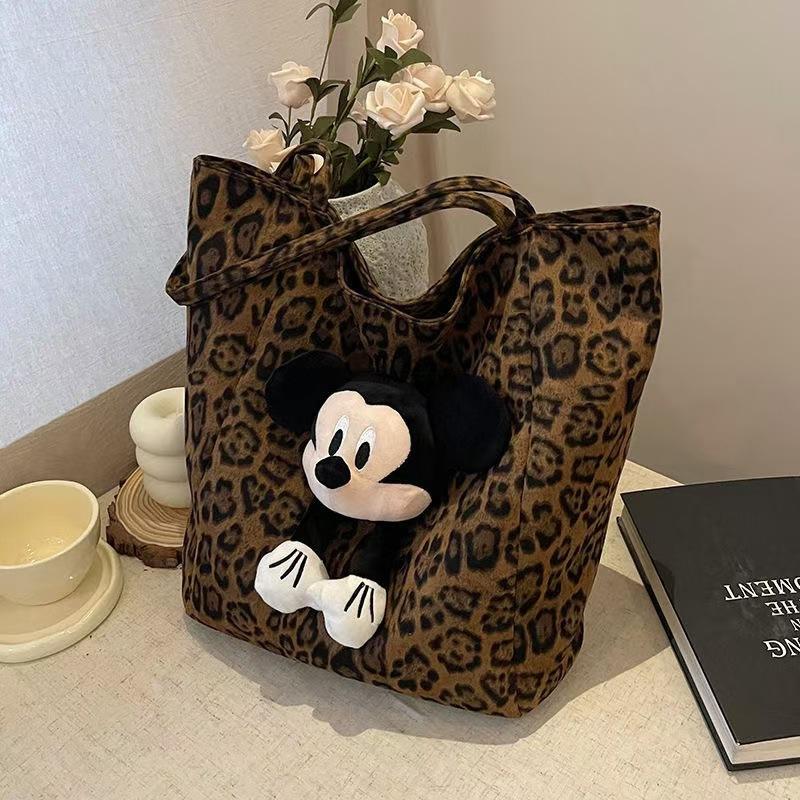 Túi Tote Mickey họa tiết da báo cổ điển, túi vải bố đeo vai dung tích lớn dùng đi làm, túi xách đa năng thông thường dành cho học sinh.