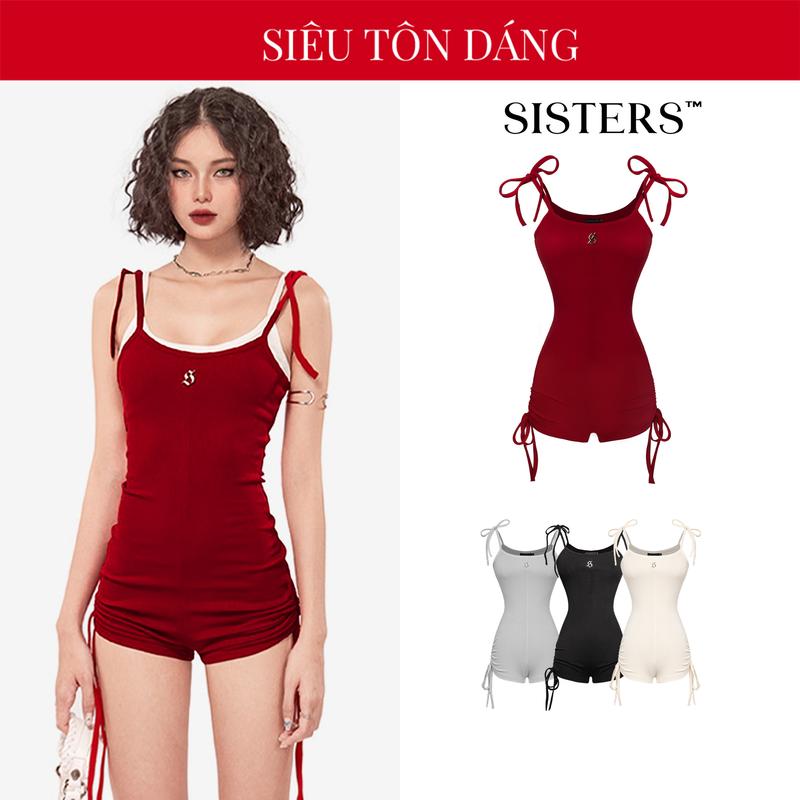 Jumpsuit đùi rút hai dây nữ SISTERS gợi cảm màu đen, đỏ, kem, xám tôn da chất thun gân co dãn Bijou bodysuit | SS4-J3