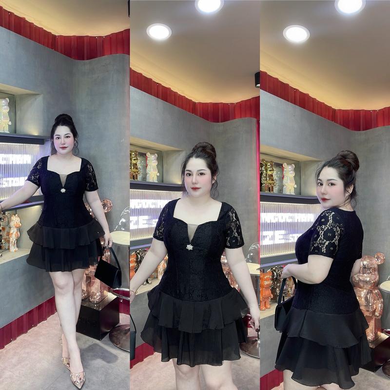 60-90kg ĐẦM THIẾT KẾ PHỐI TƠ REN HOA HỒNG TAG ĐÁ Sang Trọng  Bigsize Vương Ngọc Hân Nữ Women Top Đen