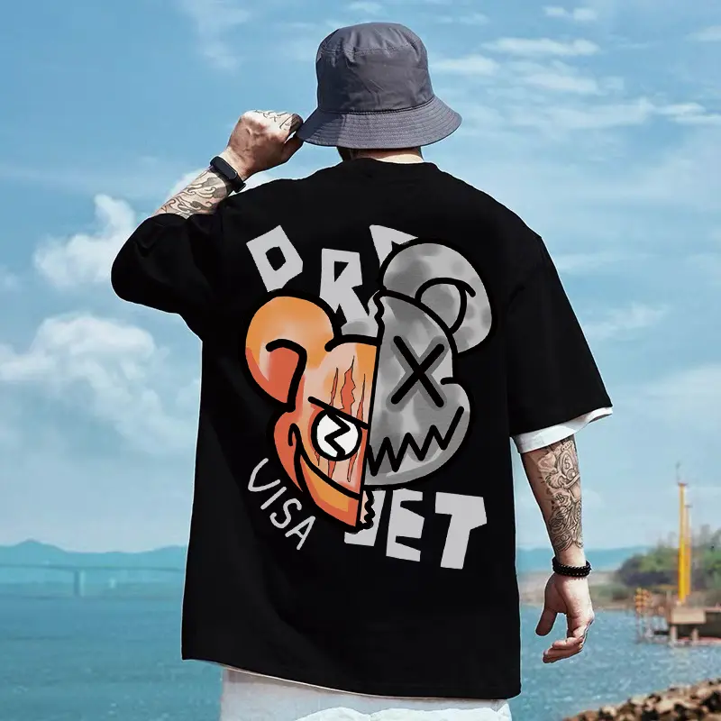 American Fashion Brand Ins Bear T-shirt Men's Short Sleeve Trendy Loose plus Size Couple Wear Oversize High Street Half Sleeve