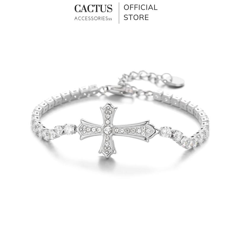 Vòng Tay Nam Nữ Titan Không Gỉ Cactus Accessories Xích Tròn Phối Chữ Thập Đính Đá Vòng Tay Cặp Đơn Giản Freesize