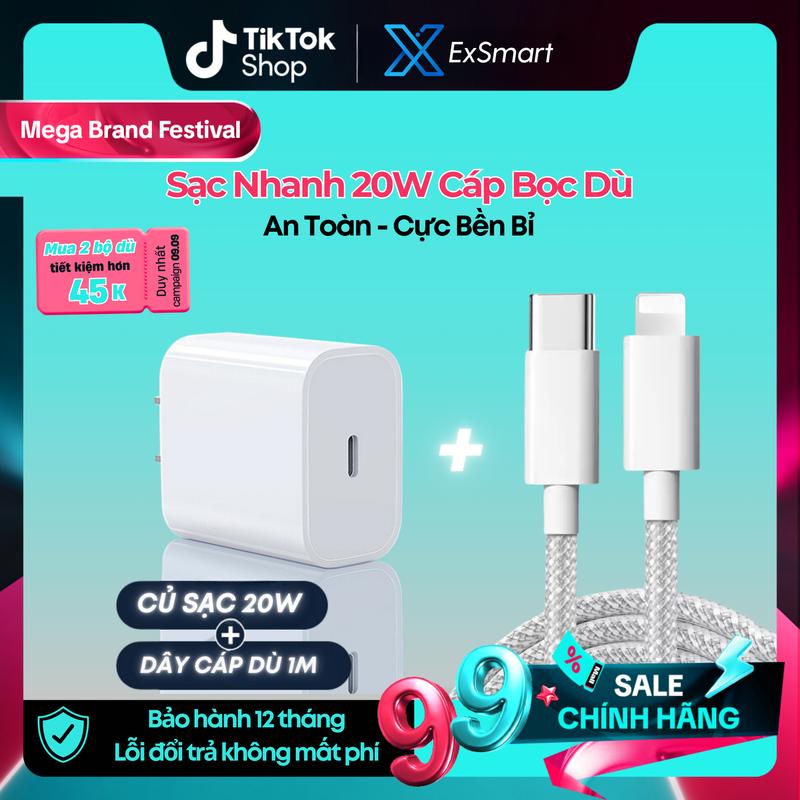 Bộ Sạc Nhanh IP 20W Exsmart Cáp Bọc Dù thế hệ mới đầu chống gãy gập từ 6-14prm công nghệ PD An Toàn Không Hại Máy Sạc Điện Thoại Phụ Kiện