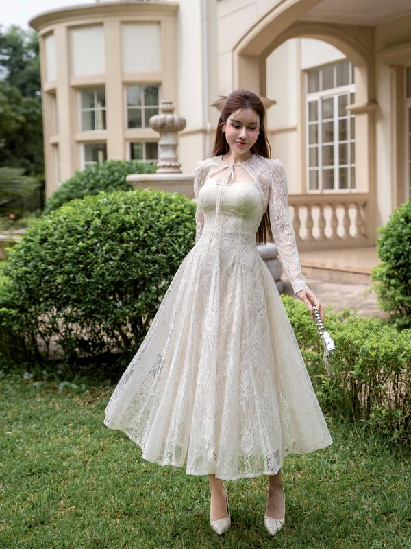 Kiều Linh -Set Váy Dự Tiệc Thiết Kế Dáng Dài KL678 chất liệu Ren Hoa Thêu Áo Choàng Dài Tay 2 Lớp Lót Giấu Đường May Kĩ