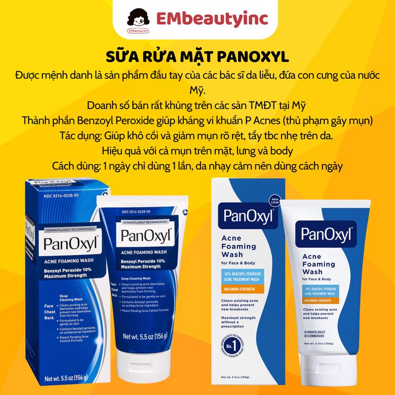 Sale Sữa Rửa Mặt Cho Da Dầu Mụn PanOxyl Acne Foaming Wash 4% & 10% Benzoyl Peroxide Maximum Strength - Tuýp 156g