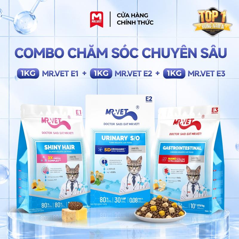 gồm 1kg Mr.Vet E1 + 1kg Mr.Vet E2 + 1kg Mr.Vet E3 Chăm sóc Sức khỏe toàn diện với 30% protein Topping sấy khô thơm ngon cho mèo con, mèo trưởng thành