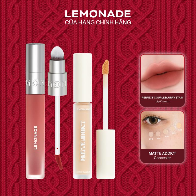 Combo 01 Son bùn ẩm mờ mịn lâu trôi Lemonade Perfect Couple Blurry Stain Lip Cream 3.5g và 01 Kem che khuyết điểm kiềm dầu bền màu Lemonade Matte Addict Concealer 3g