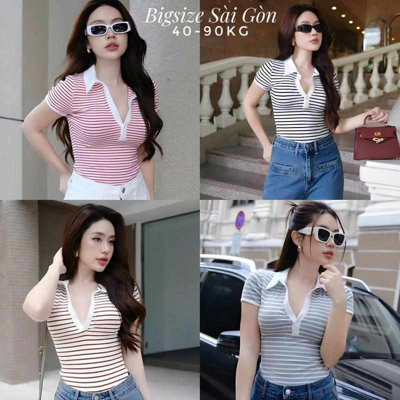Áo Thun Polo Nữ Sọc Ngang phối Cổ V Gợi Cảm Vải Borit Cotton Cao Cấp Thanh Lịch Bigsize 45–90kg Béo Xinh Shop - A.1603