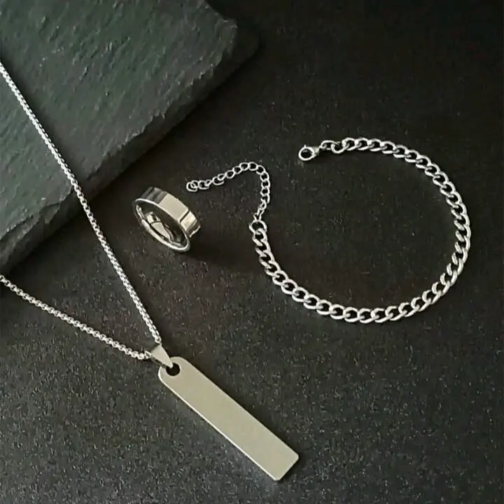 (fullset)KALUNG GELANG DAN CINCIN TITANIUM PRIA WANITA TERMURAH WARNA SILVER SIMPEL DAN MEWAH Perhiasan Elegan 2
