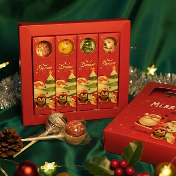 Kẹo mút giáng sinh hoạ tiết bắt mắt đa dạng thu hút hộp 4 cây - Kẹo que handmade Bonzon Candy Snack Ăn Vặt