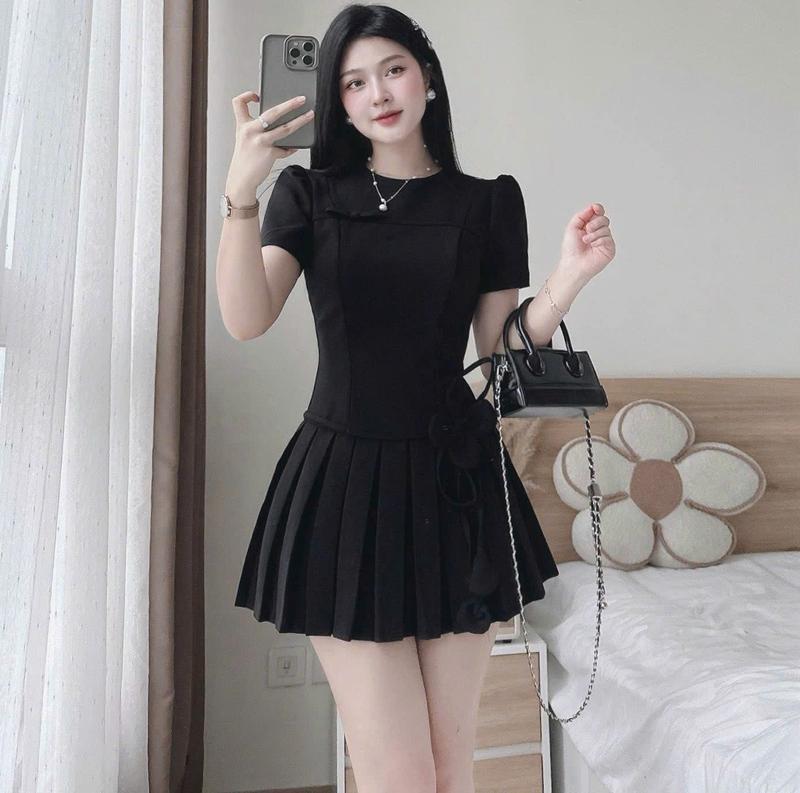 Đầm Xếp Li Thanh Lịch Phối Hoa Thời Trang Nữ