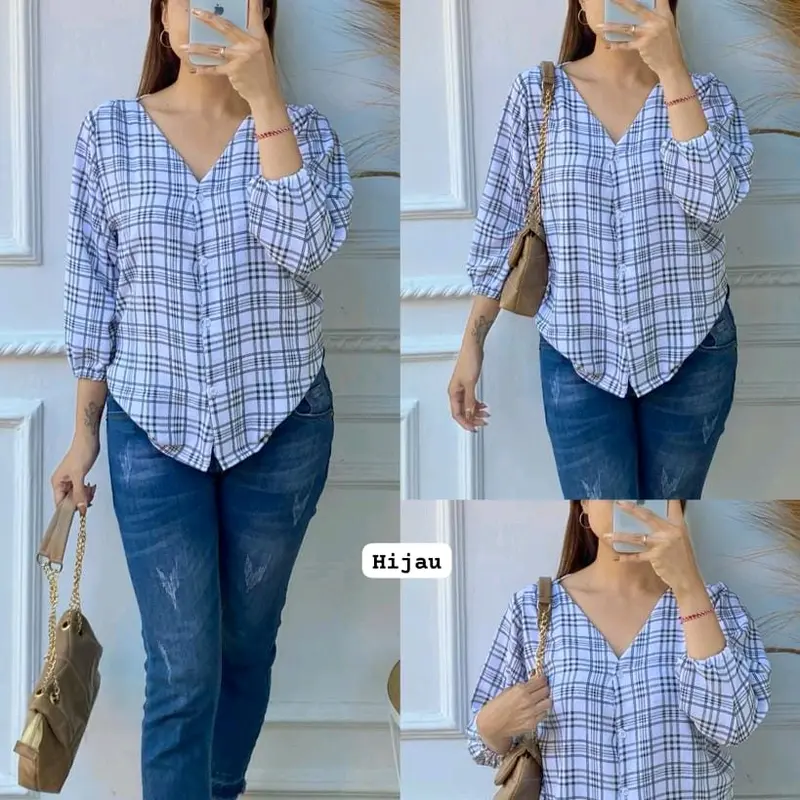 Blouse Kancing Wanita Motif Kotak Ceyflow kringkel Santai 1