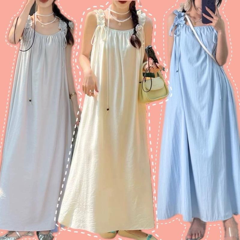 Kèm dây ~ Đầm suông midi có túi thắt dây rút vai nơ đũi linen váy dáng dài basic