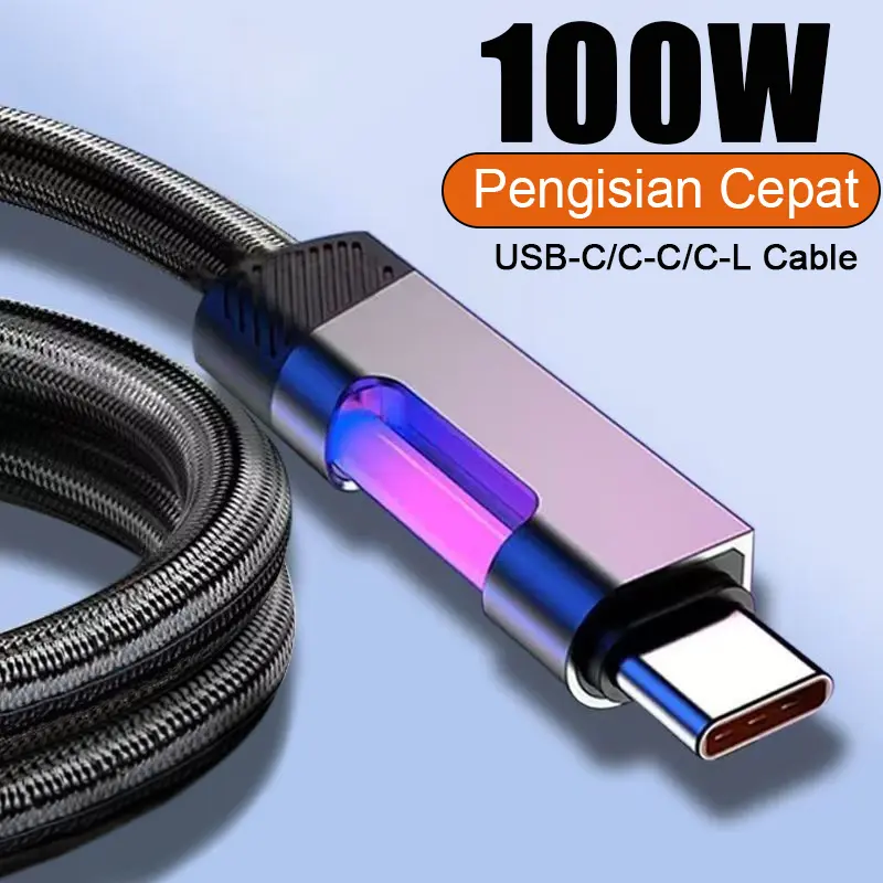 Kabel Data Jalinan Hitam 100W USB-C/C-C/C-L Pengisian Cepat Turbo SuperVO0C Panjang 1m/2m Aksesori Ponsel TPE PD PPS Garansi 12 Bulan - Cable