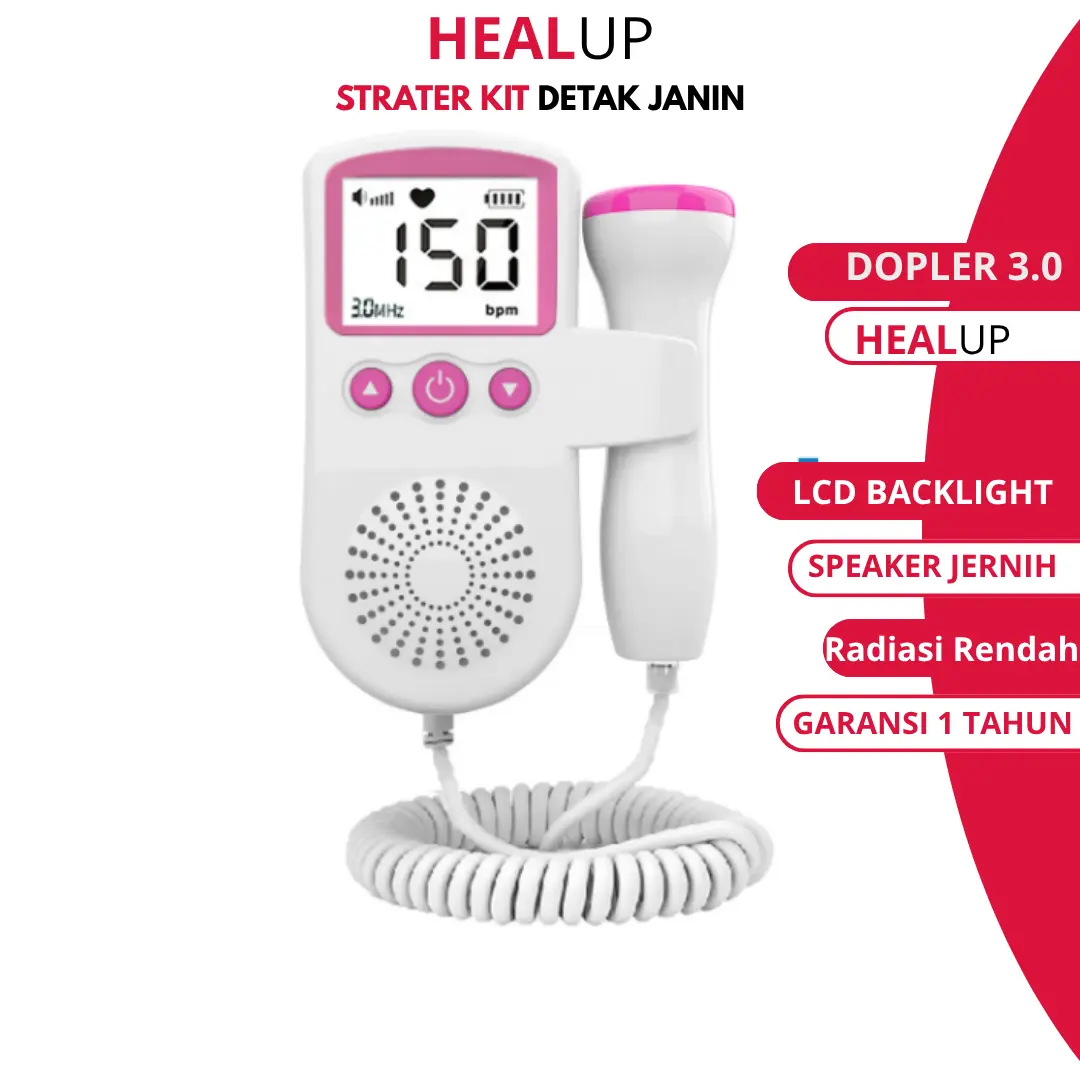 HealUp Doppler 3.0 MHz Alat Deteksi Detak Jantung Janin Suara Jernih Layar LCD Besar Volume Adjustable Praktis untuk Ibu Hamil