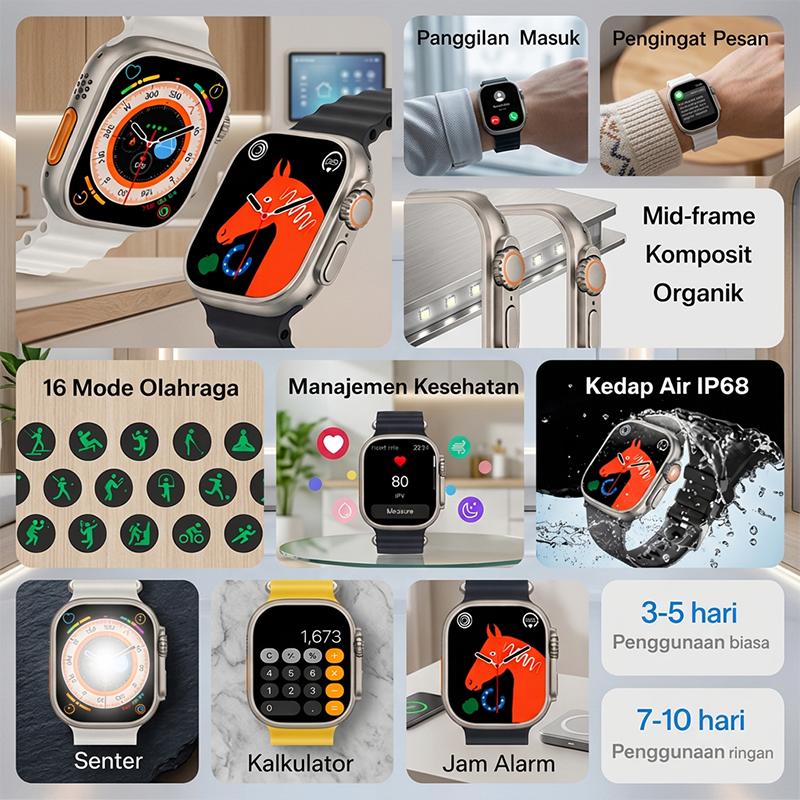 T900 ULTRA — Termasuk Bonus Tali Jam — Konektivitas Bluetooth — Mendukung iOS & Android — Pelacakan Kesehatan & Notifikasi Media Sosial
