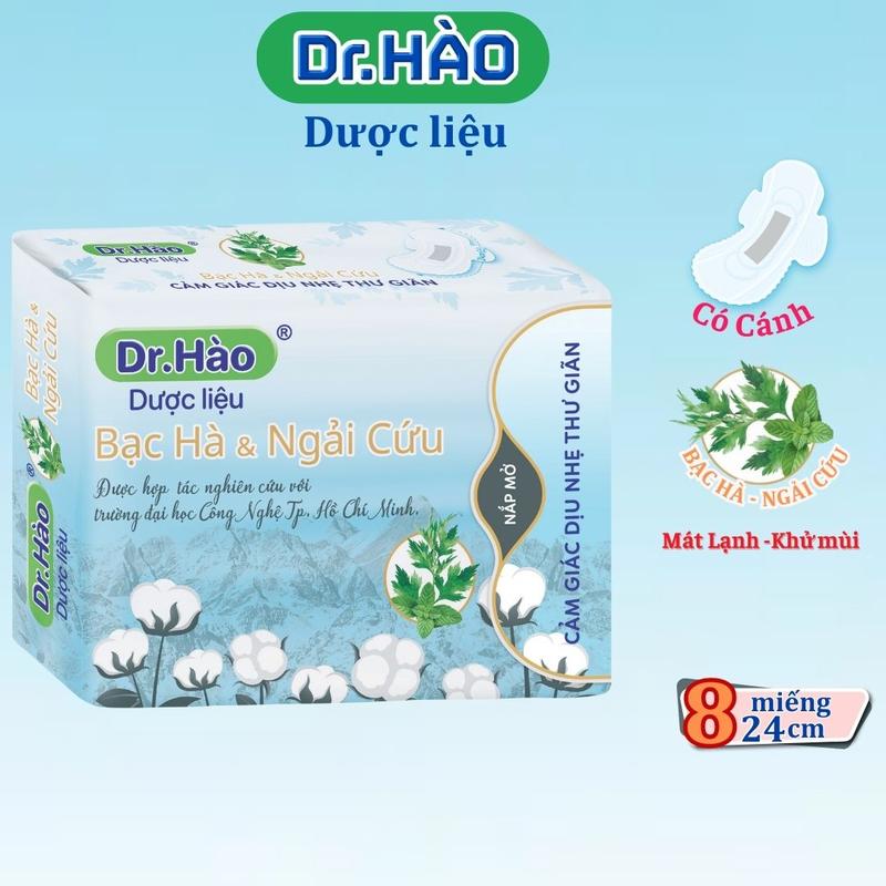 Băng vệ sinh siêu mỏng cánh Dr Hào Dược Liệu, 1 gói có 8 miếng dài 24cm, Bạc Hà Mát Lạnh và Ngải Cứu khô thoáng, Thấm hút tốt, Không Thấm Ngược, Mặt Vải Cao Cấp Siêu Mềm Mại, Băng Vệ Sinh nữ Women Tampon