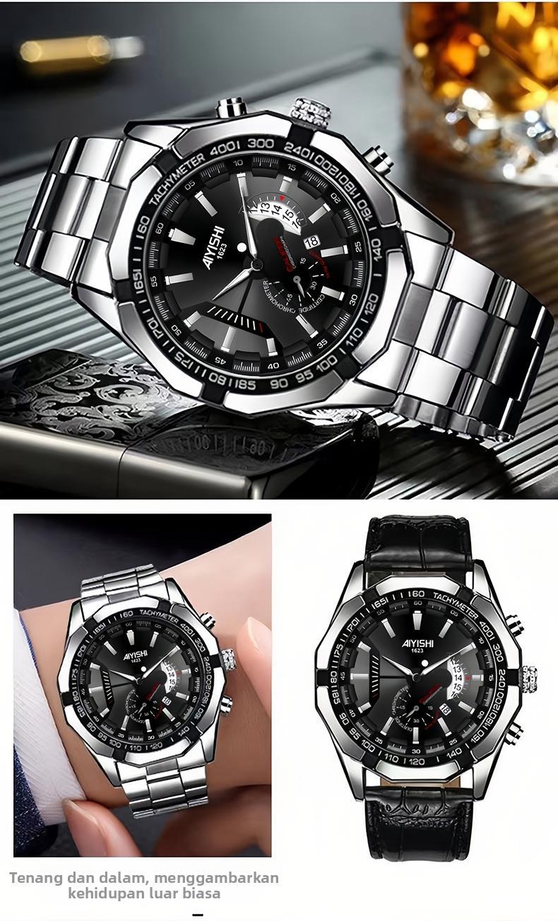 AIYISHI Jam Tangan Pria Mewah & Sporti 1623 Multifungsi Tahan Air 30M Dial Hitam Bodi Stainless Steel Garansi 2 Tahun Kaca Kristal Kuarsa Otomatis