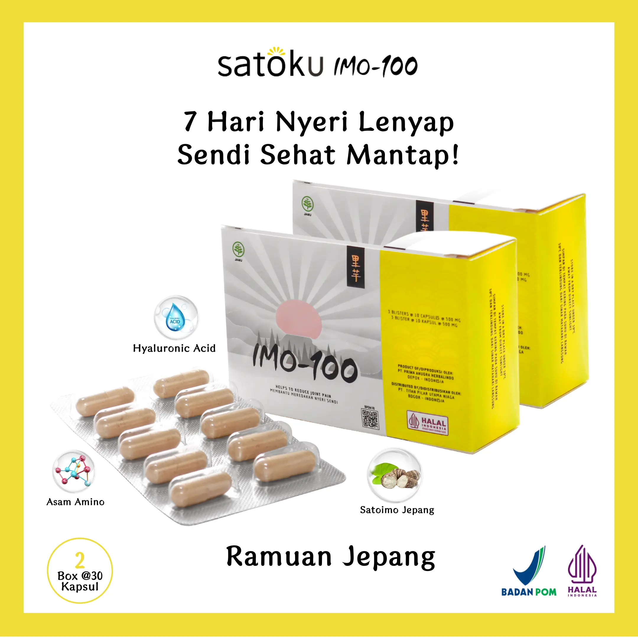 [2 BOX] Satoku Imo-100 Suplemen Sendi, Atasi Pengapuran dan Pemulihan Cedera, Ramuan Jepang, Pereda Nyeri Sendi Untuk Osteoarthitis, Rematik, Asam Urat, dan Saraf Kejepit Isi 60 Kapsul