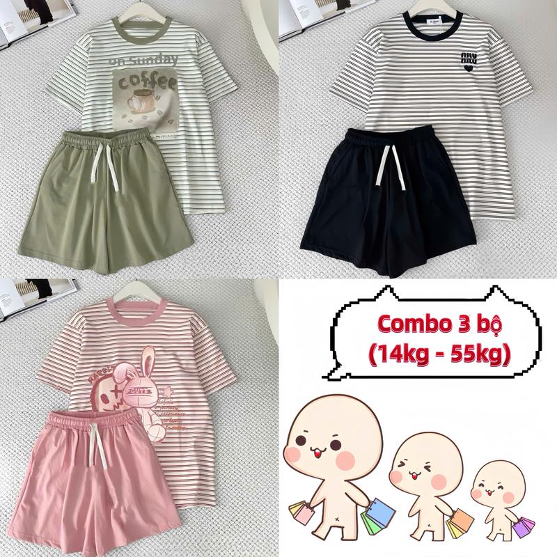 Combo 3 bộ đồ cotton áo kẻ sọc quần cộc hình in siêu hot dành cho bé gái thoải mái mặc ở nhà size 14-55kg