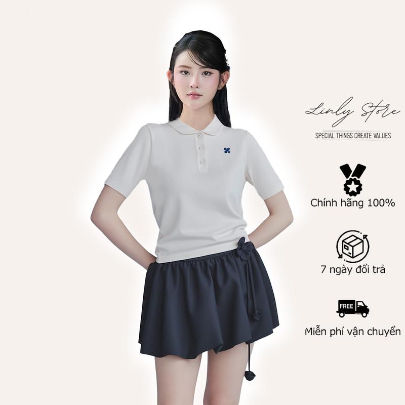 Áo thun polo thiết kế cổ sen thêu hoa, áo kiểu nữ dáng lửng tiểu thư Linly Store A-AL6