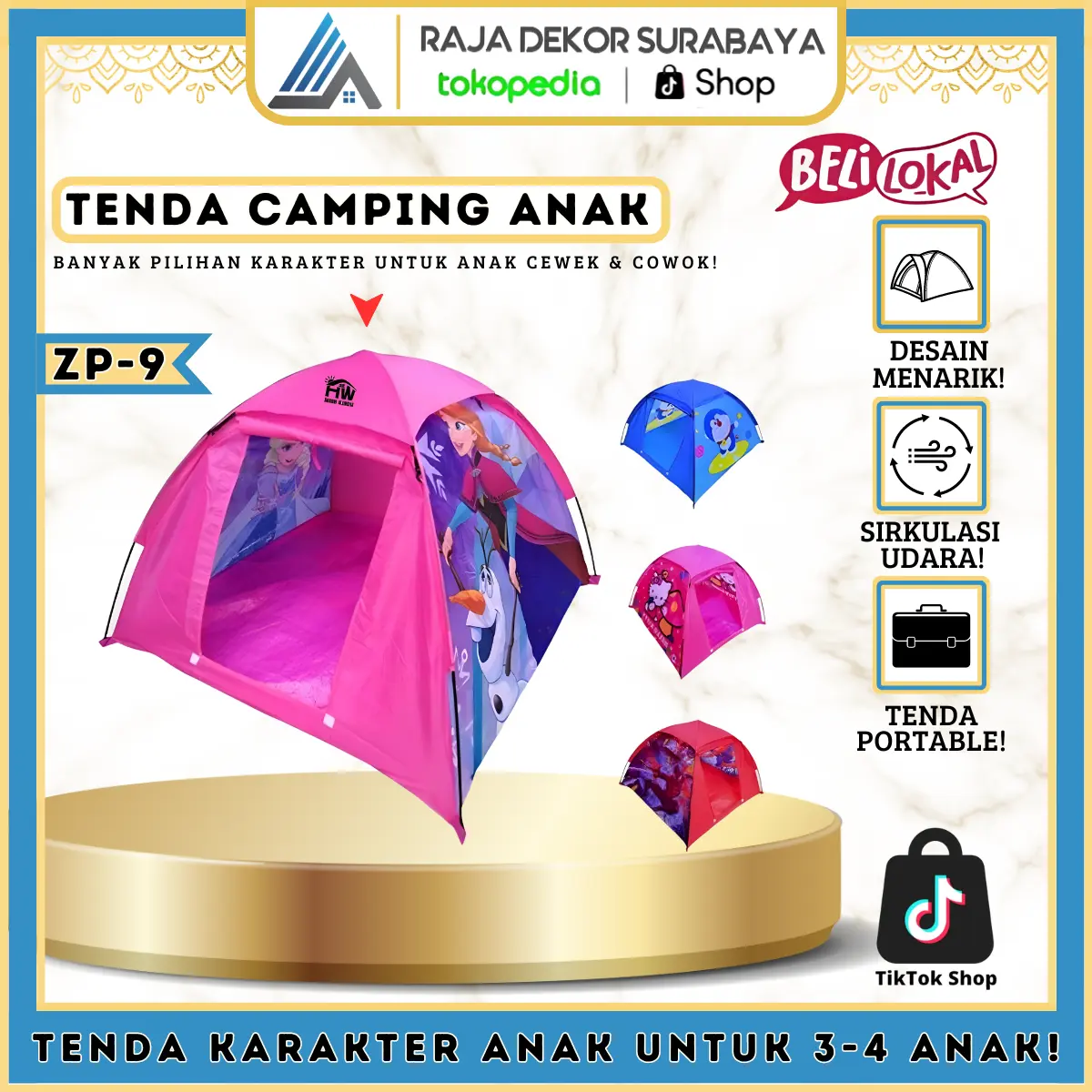 RajaDekor - Tenda Camping Karakter Tenda Kemah Anak Motif Karakter Lucu-Lucu Ukuran 120 x 120cm x 85cm Bisa Cod Seluruh Indonesia Doraemon Frozen Mainan