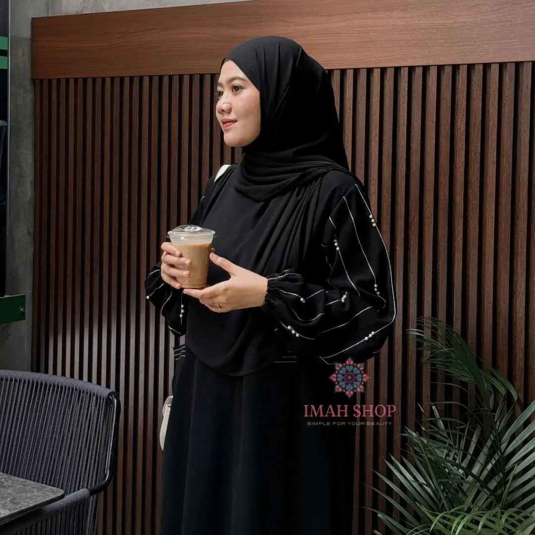 Abaya Hitam Turki Gamis Syari Muslimah Bahan Jetblack Hitam Kombinasi Mutiara Dress Arab Saudi 988 Lembut