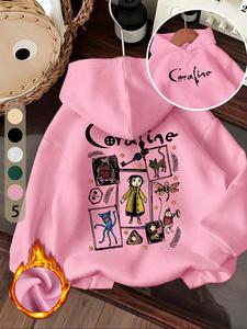 Sudadera cómoda con capucha y bolsillo tipo canguro para mujer, con estampado de Coraline, ideal para otoño e invierno