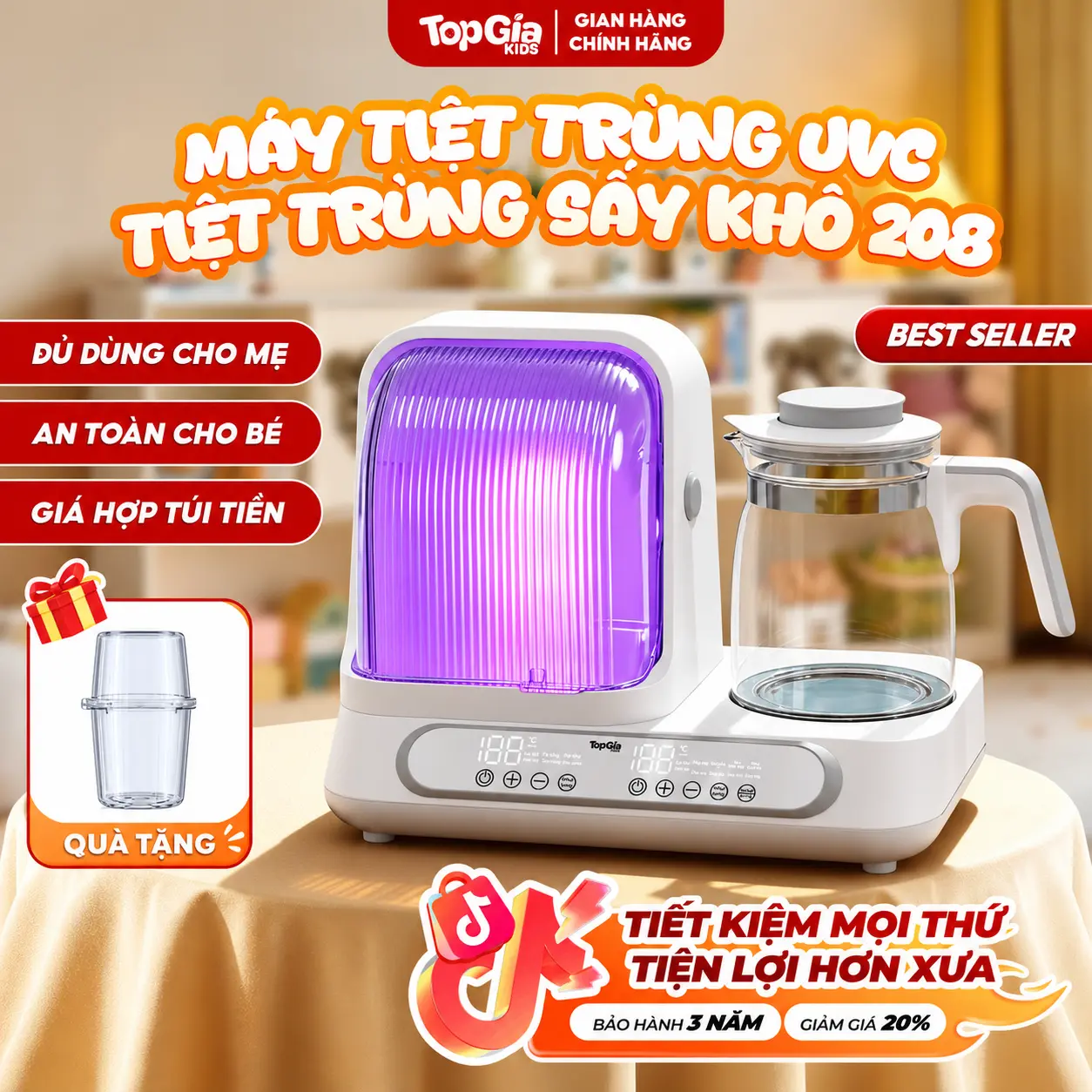 (ĐÈN UVC THẾ HỆ MỚI - TÍCH HỢP 10IN1) Máy Đa Năng Đun Hâm Pha Sữa Và Sấy Khô Tiệt Trùng UVC 208 tặng Lồng Hâm Sữa, Bảo Hành 18 Tháng, Lỗi 1 Đổi 1 Trong Vòng 30 Ngày I Đủ Dùng Cho Mẹ - An Toàn Cho Bé - Giá Hợp Túi Tiền