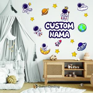 Stiker Hiasan Dinding Custom Nama Motif Astronot | Dekorasi Dinding Kamar Tidur Anak Walldecor