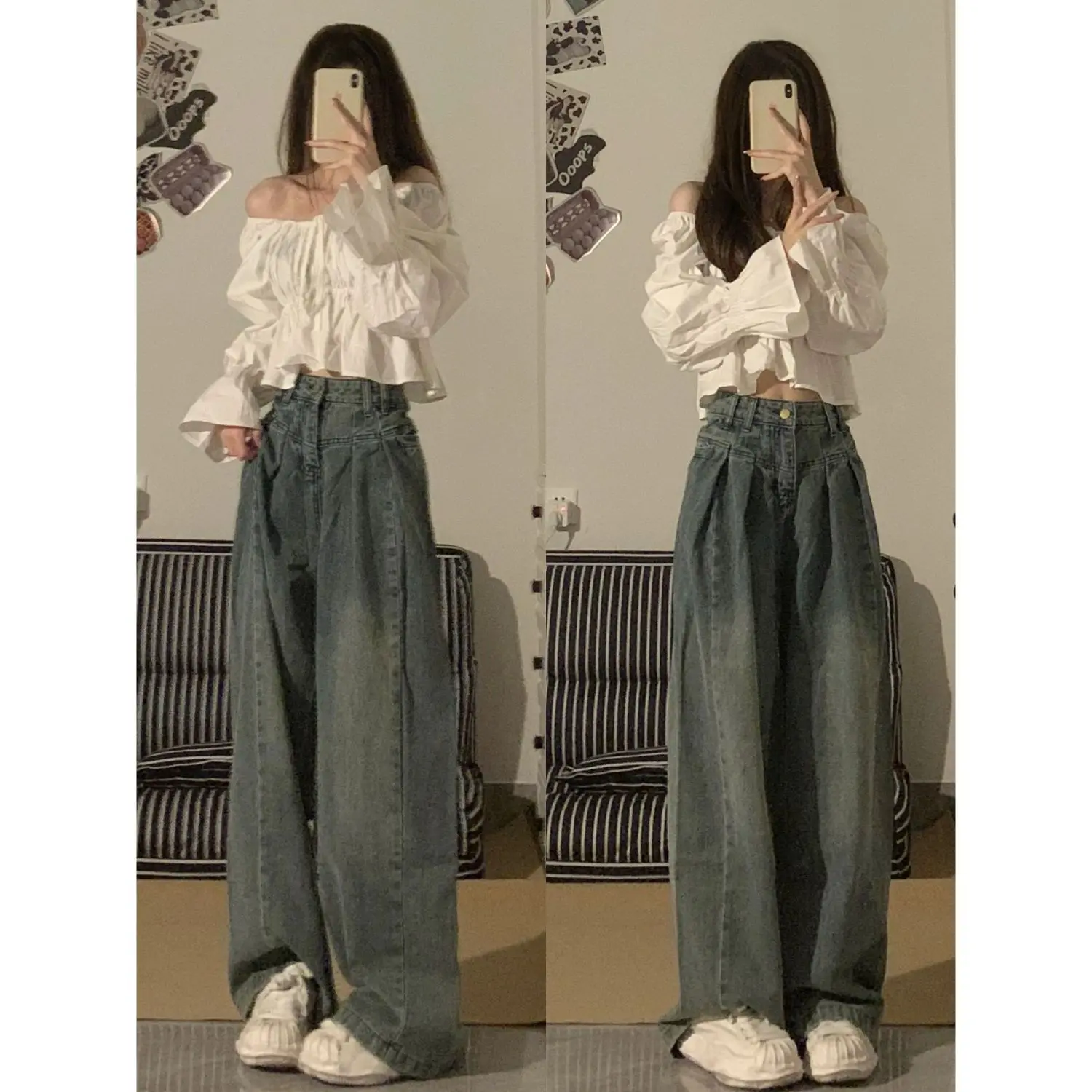 Quần Jean Nữ Cạp Cao Retro Kiểu Mỹ, Quần Ống Rộng Tôn Dáng, Thiết Kế Đẹp, Thích Hợp, Dáng Thẳng, Hợp Thời Trang, Ins, Đường Phố, Mùa Thu Và Mùa Đông