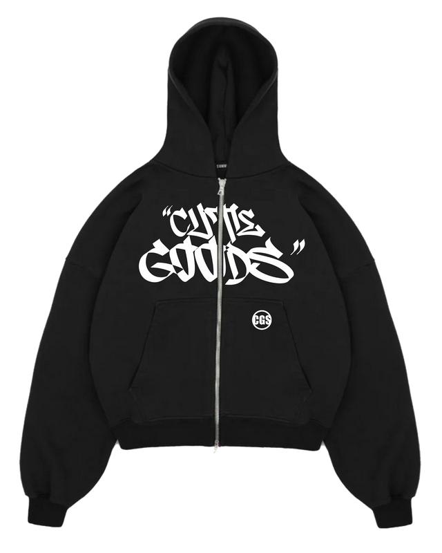 Sweater Pria Hoodie Zipper Boxy Hitam Sablon Depan Belakang