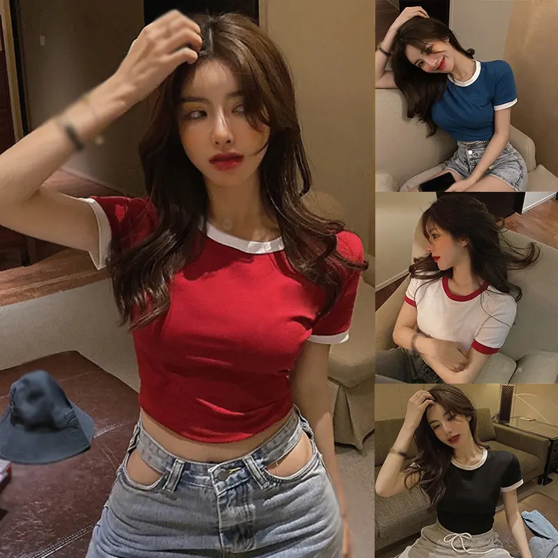 Women's solid color short-sleeved T-shirt Korean simple  cropped top