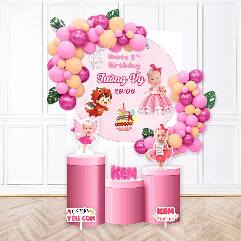 combo trọn bộ sinh nhật cho bé tông hồng + tặng mũ sinh nhật in tên bé 0