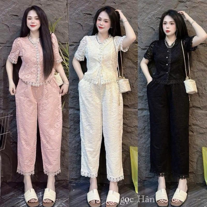 SET REN HOA có lót- Áo sơmi tay ngắn nút gài . Quần ren baggy lưng chun có túi dài 90cm