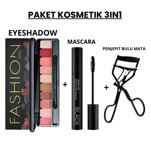 Paket Murmer Kecantikan 3 IN 1 Eyeshadow Pallet Fasion - Mascara Hitam - Penjepit Bulu Mata