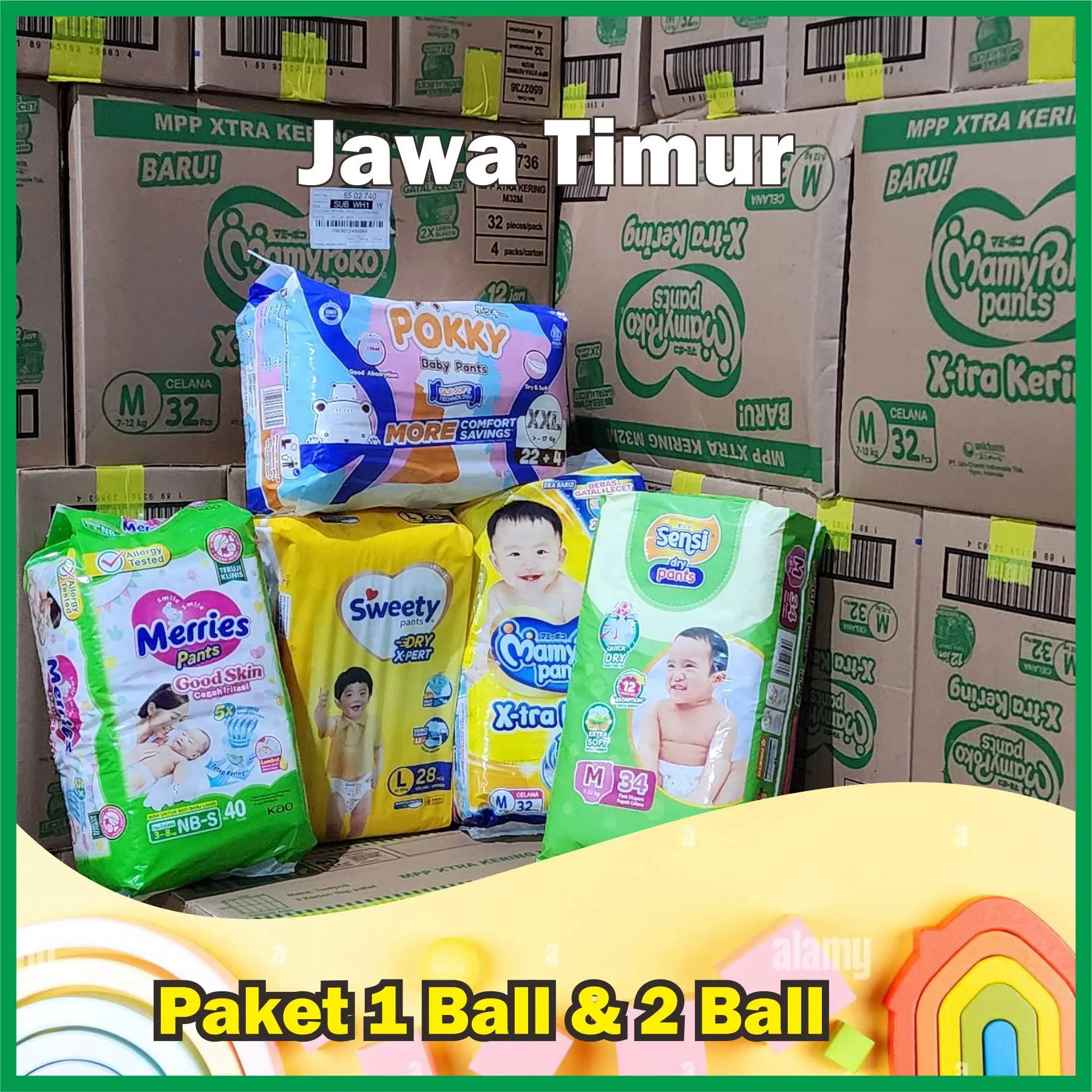 1 Ball dan 2 Ball Mamypoko Xtra kering dan popok merek lainnya