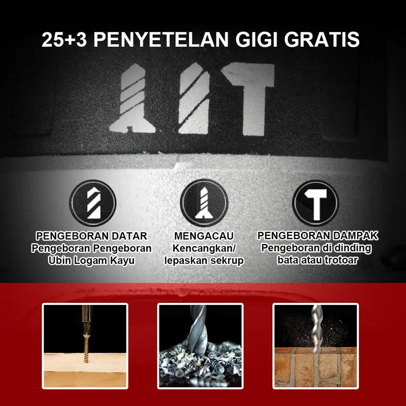3in1 Mesin Bor tangan tanpa kabel Alat Bor Dampak Isi Ulang Rumah Tangga Lithium Bor Listrik Impact Drill Set  Isi Ulang Bor Listrik 3