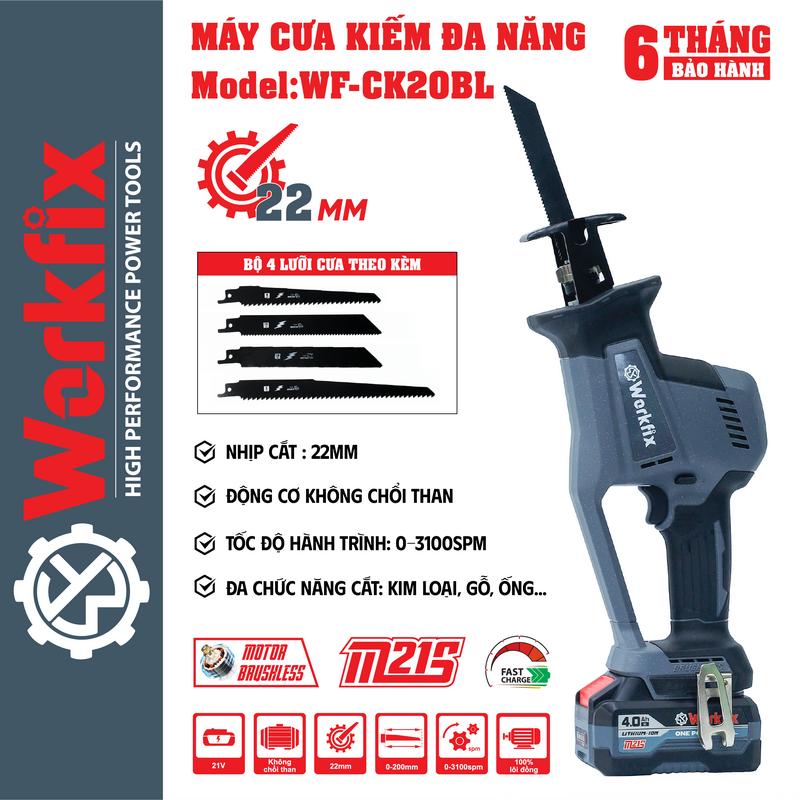  Máy Cưa Kiếm Dùng Pin Cầm Tay Workfix - WF-CK20BL - Động Cơ Không Chổi Than - Chân Pin Phổ Thông - 1 Pin 21V 4Ah - Bảo Hành Chính Hãng 6 Tháng 