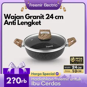 freemir Wajan Kuping 24 cm Panci Sup Anti Lengket Tutup Kaca Wok Granit Hitam Aluminium Kitchenware Multifungsi
