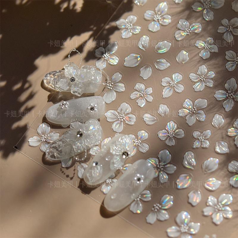  Miếng Dán Móng Nghệ Thuật Màu Trắng Băng Dính Trong Suốt Thiết Kế Hoa Phong Cách Nhật Bản Cánh Hoa Tươi Decal Can Dập Nổi Trang Trí Móng Tay Thích Hợp Cho Cửa Hàng Làm Móng 