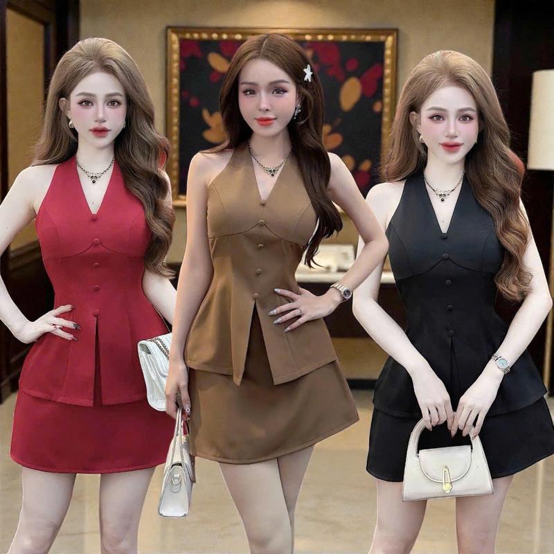  S6631 Set áo váy CZT gồm áo gile peplum và chân váy để đi chơi   Áo kiểu nữ  Chân váy nữ   set đồ nữ siêu xinh 