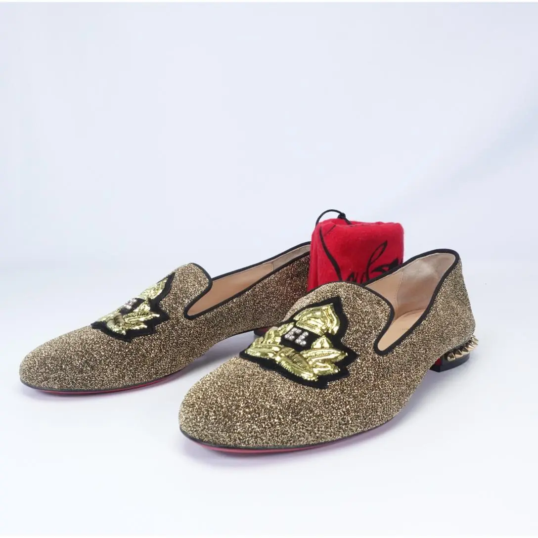 (Preowned) Reu 20678 Christian Louboutin - Crystal Embellishments Loafers Gold 37.5
