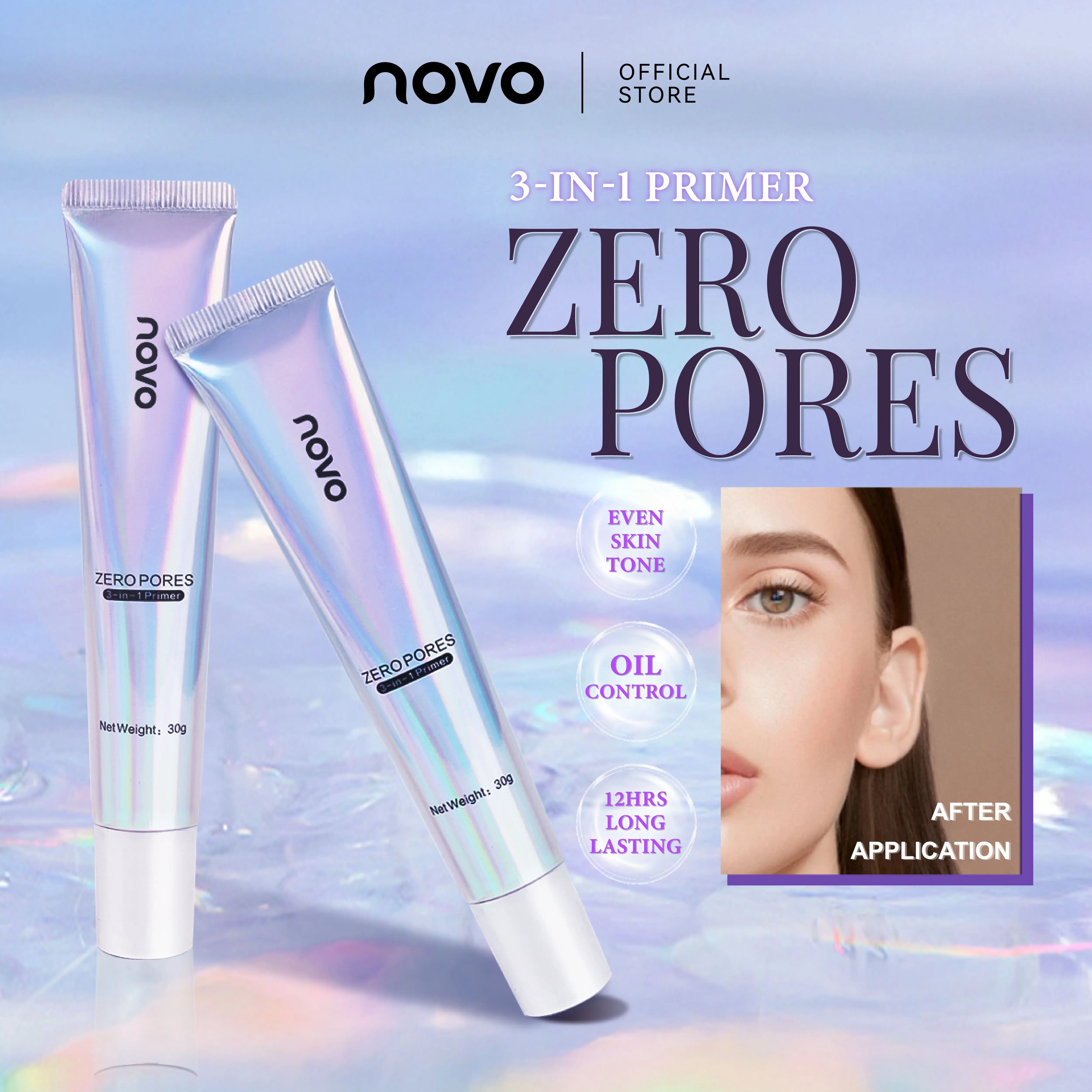 【BEST SELLER】NOVO 3-in-1 Primer Perfect Base Make Up Tone Up Cream Lightweight Pores Invisible Oil Control Makeup 30g