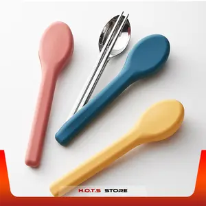 sendok garpu sumpit pisau travel protable stainless still 304 dengan silikon pouch Peralatan Makan Kitchenware Set Steel