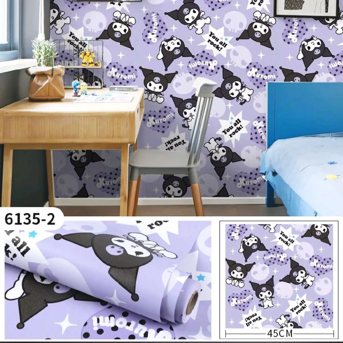 Wallpaper stiker dinding Motif KUROMI berbahan kertas PVC tahan cipratan air cocok untuk dekorasi kamar anak