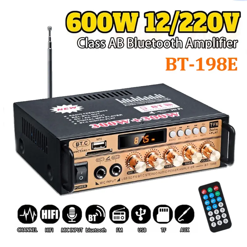 【Model Terbaru】Power Amplifier Wireless Bluetooth BT-198E 300W+300W Amplifier ECHO Karaoke Bluetooth 5.0 Stereo 2 Channel mixer mini sound system crossover modul 5v original subwoofer