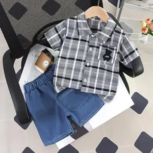 【Rainbow Baby】0-4 Tahun Setelan Kemeja Dan Celana Pendek Jeans Anak Terbaru Motif Cowk Set / Baju Anak Laki Laki Bayi