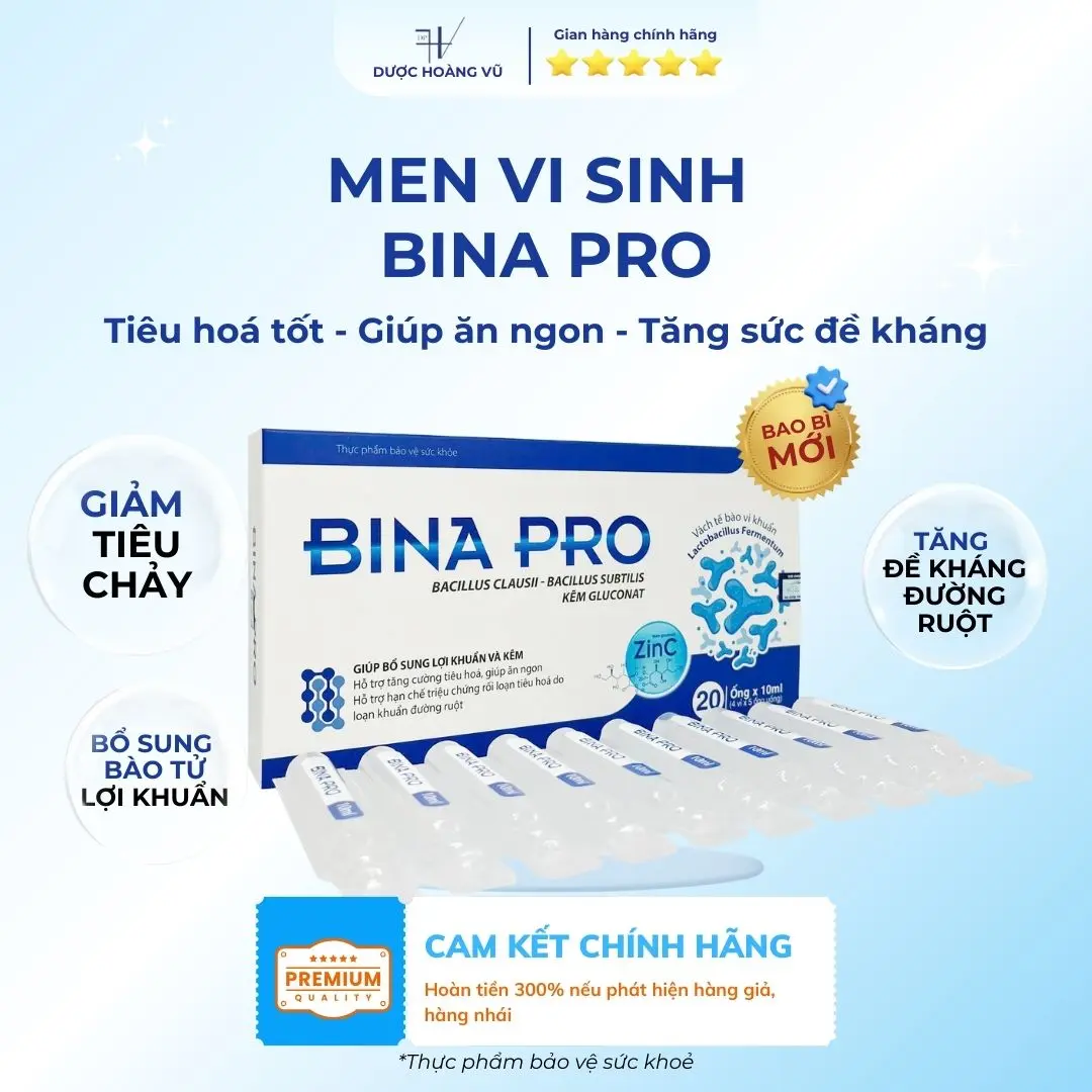 [DHV] Men vi sinh BINA PRO | Cân bằng hệ tiêu hóa từ bên trong - Tăng đề kháng đường ruột - Hỗ trợ giảm triệu chứng tiêu chảy và chướng bụng, phù hợp cho trẻ em và người lớn. | Hộp 20 ống (10ml/ống)