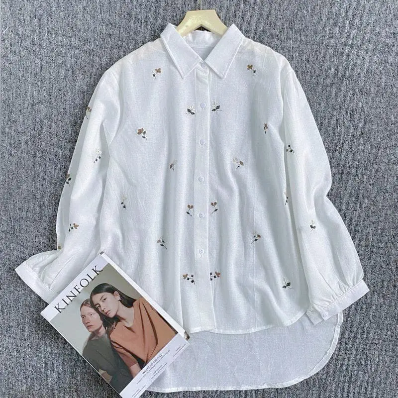 BASIC BLOUSE - Kemeja Bordir Wanita Motif Bunga Pololonen Korean Style Atasan Cewek Casual